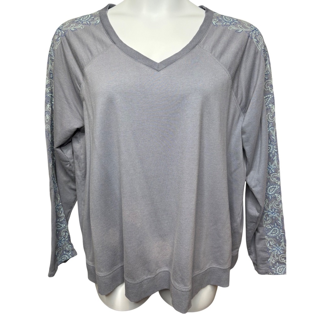 J. JILL FIT Womens Blue Gray Embroidered Sweatshirt XL Raglan Sleeve Athleisure